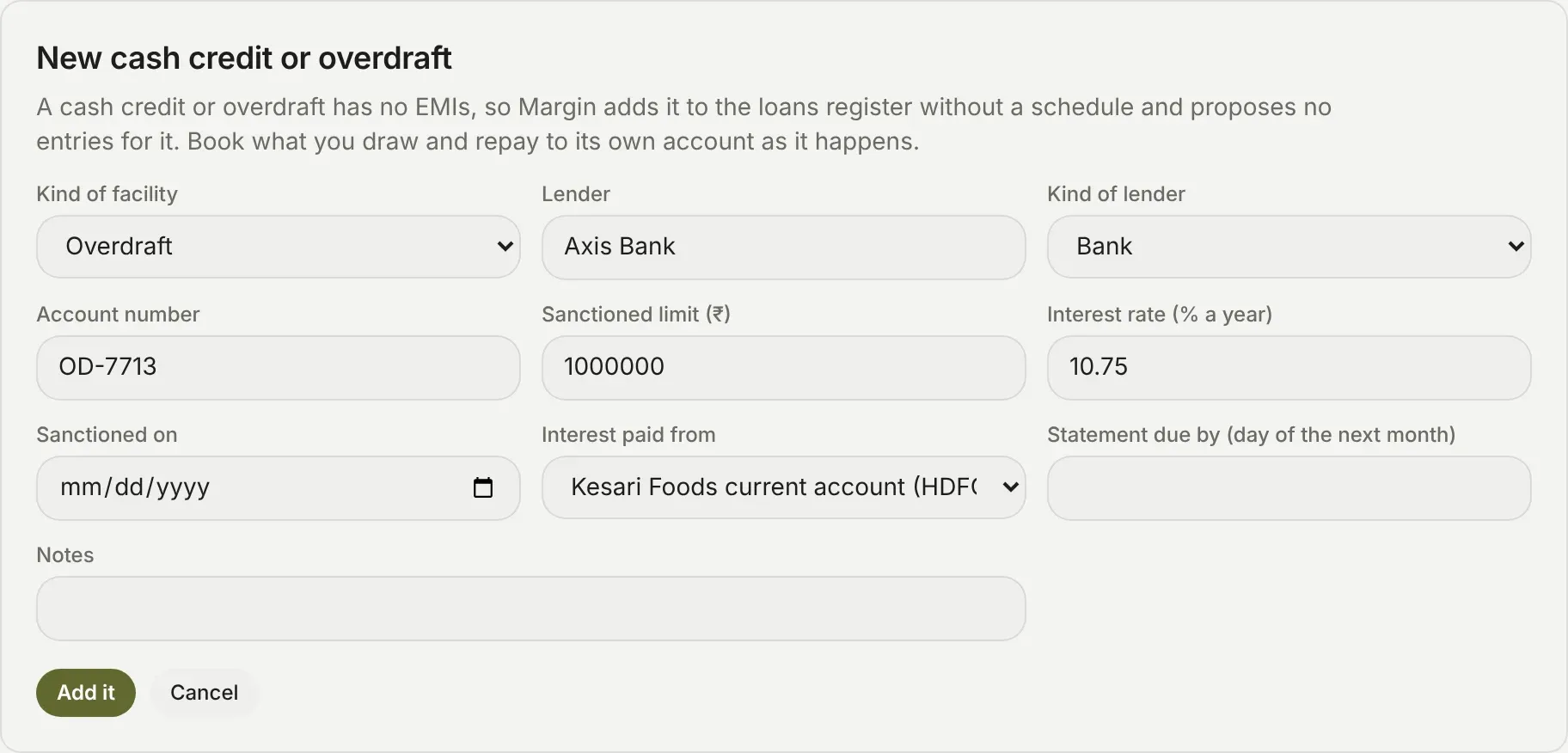 New cash credit or overdraft: an overdraft from Axis Bank with its account number, sanctioned limit and interest rate, the bank account the interest is paid from, and Add it