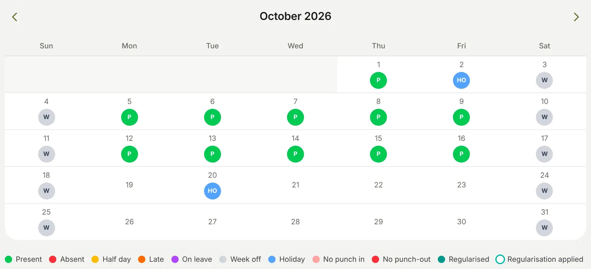 A month of attendance, day by day: present, holidays and week offs, with a key to every mark