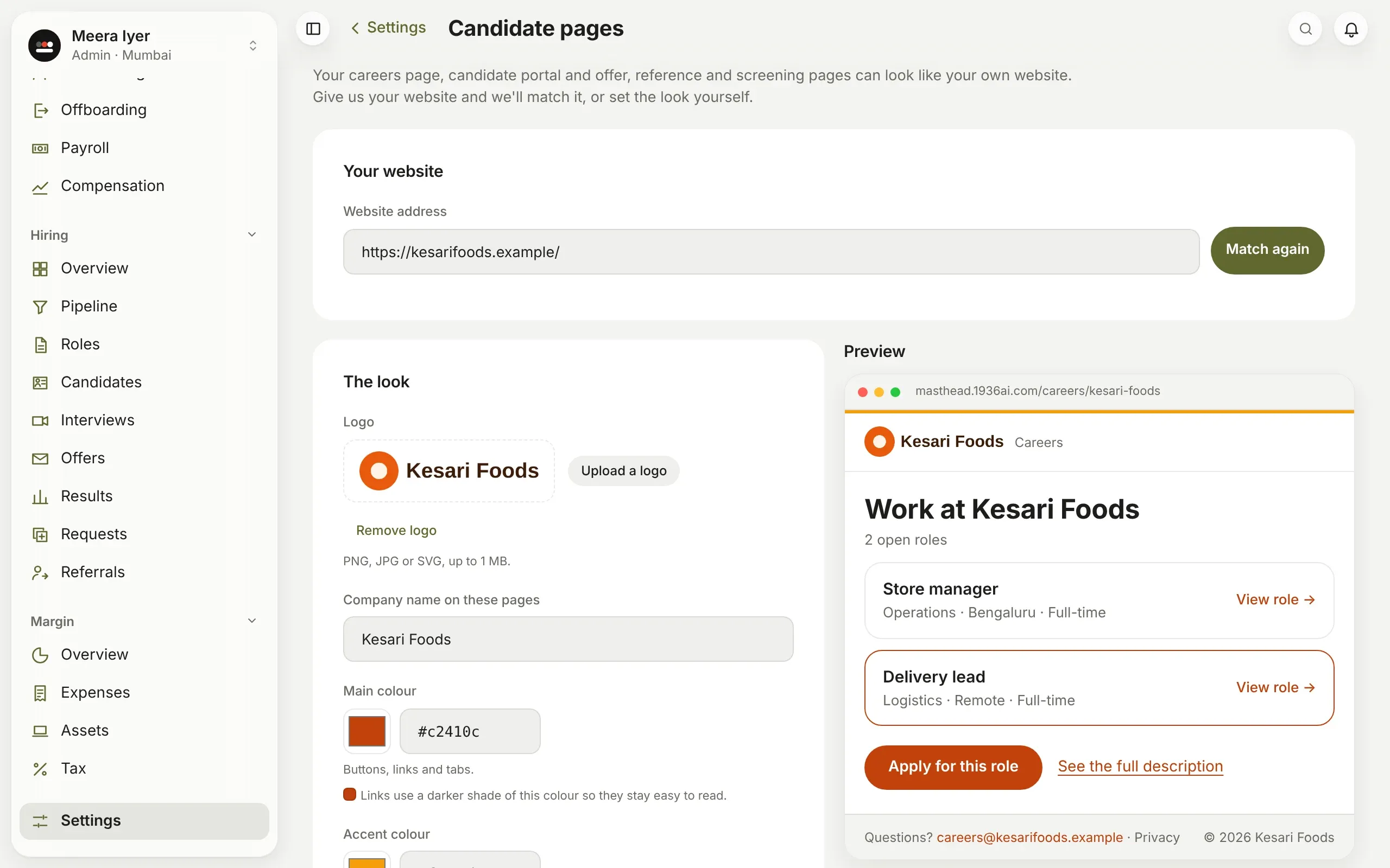 Candidate pages: your website, Match my website, your logo, colours and font, and a preview of your careers page