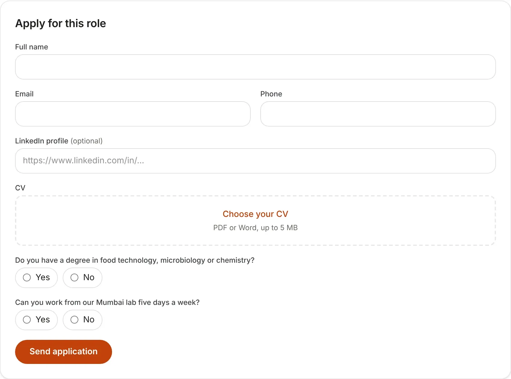 The form to apply on the careers page, ending with the role's two yes-or-no pre-screening questions