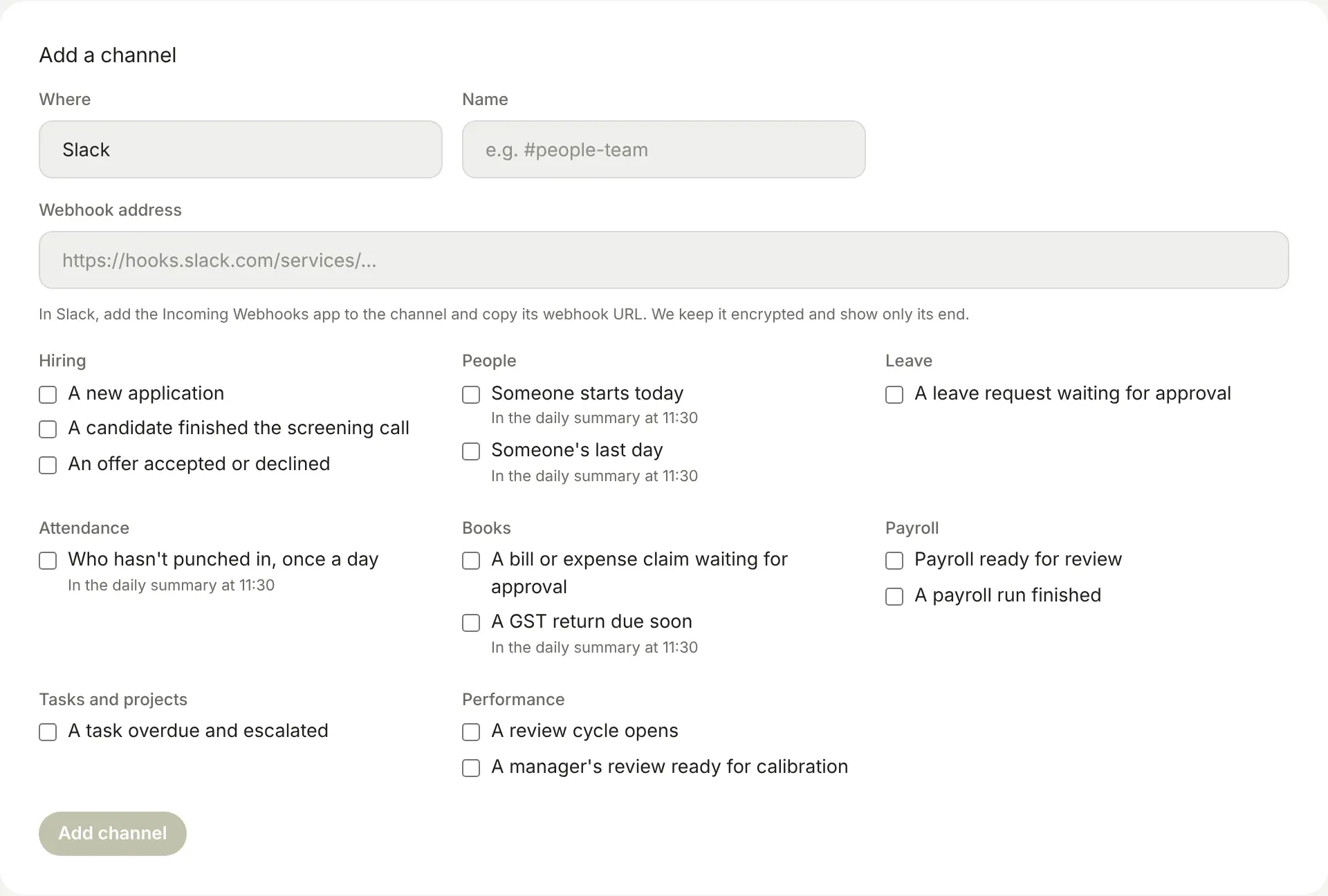 Add a channel: where, its name and webhook address, and the alerts to tick, grouped by part