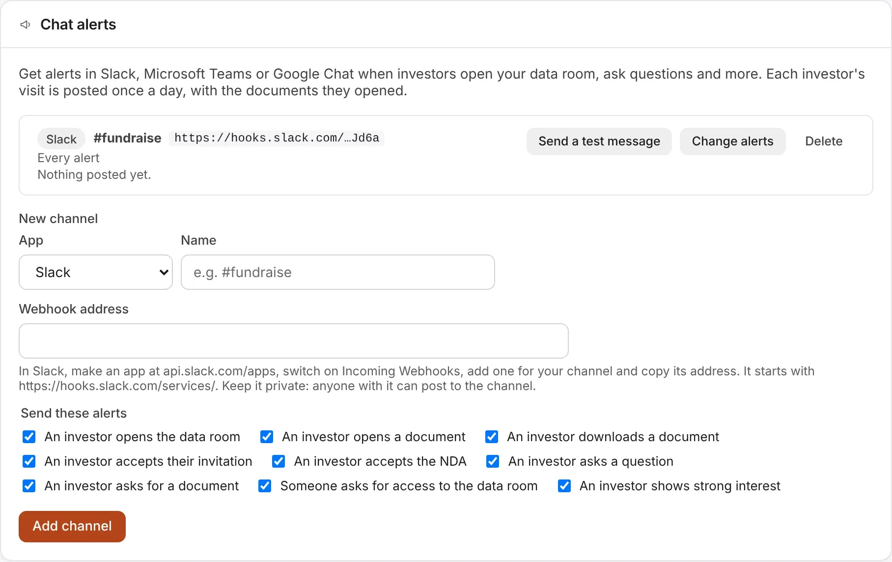 Chat alerts: a Slack channel getting every alert, then the form for a new channel, with every alert ticked