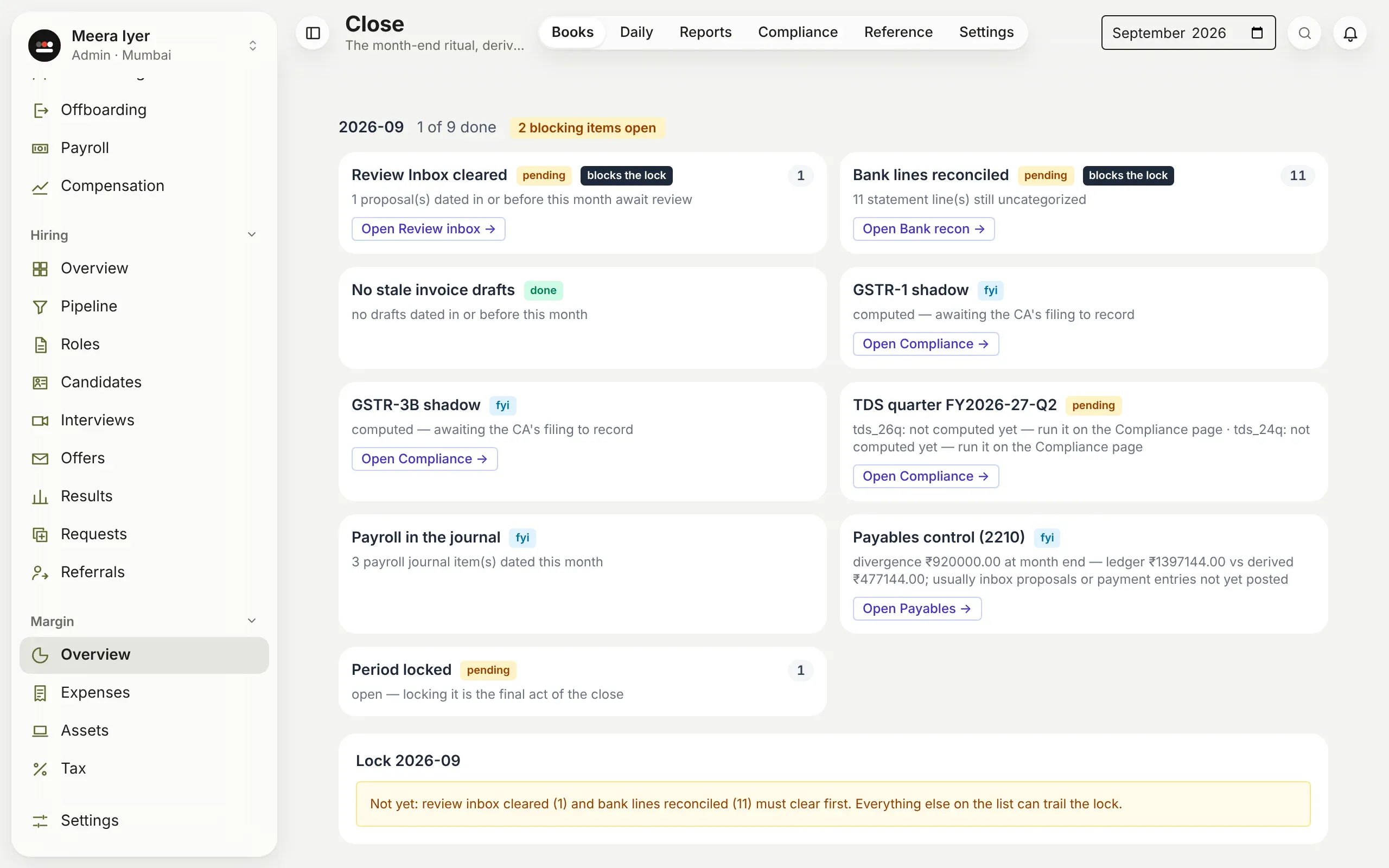 Close: the month-end checklist, with what is done and what is pending
