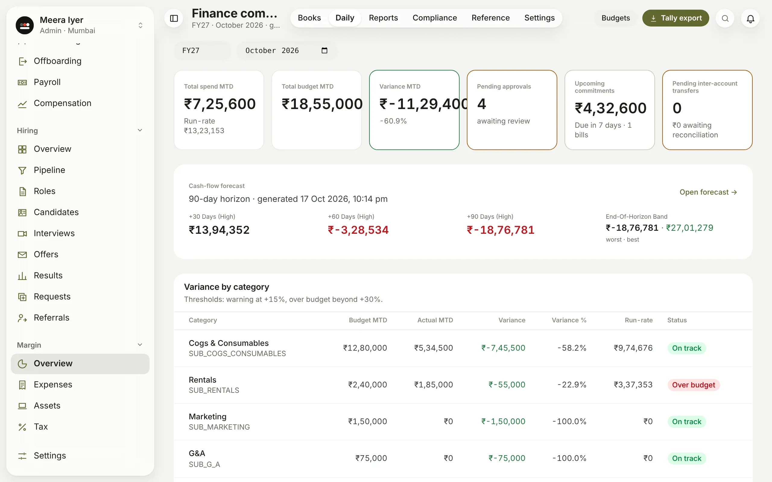 The finance dashboard: spend, budget and variance this month, approvals and upcoming bills