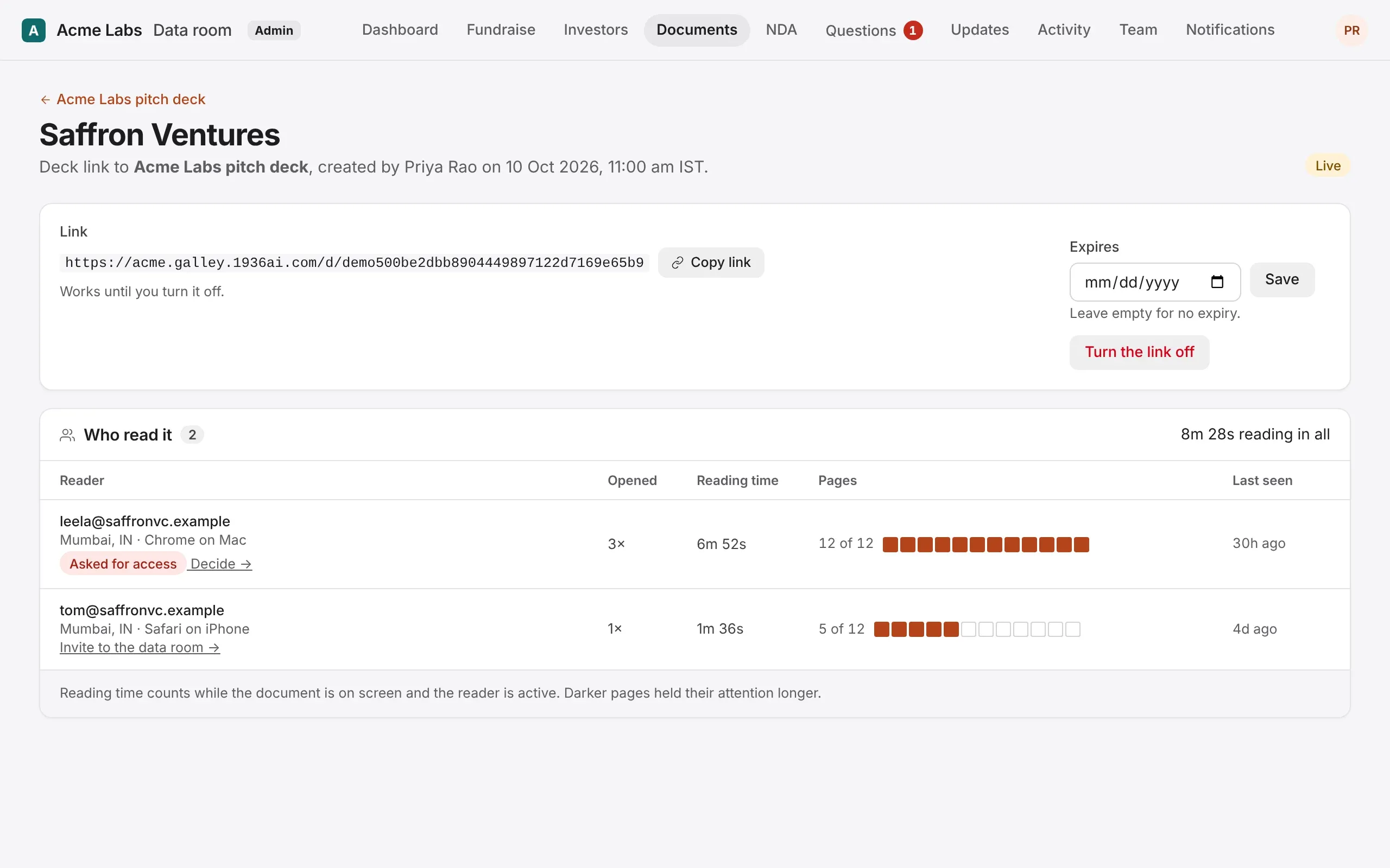 A deck link's page: its address, when it expires, and each reader's opens, reading time and pages