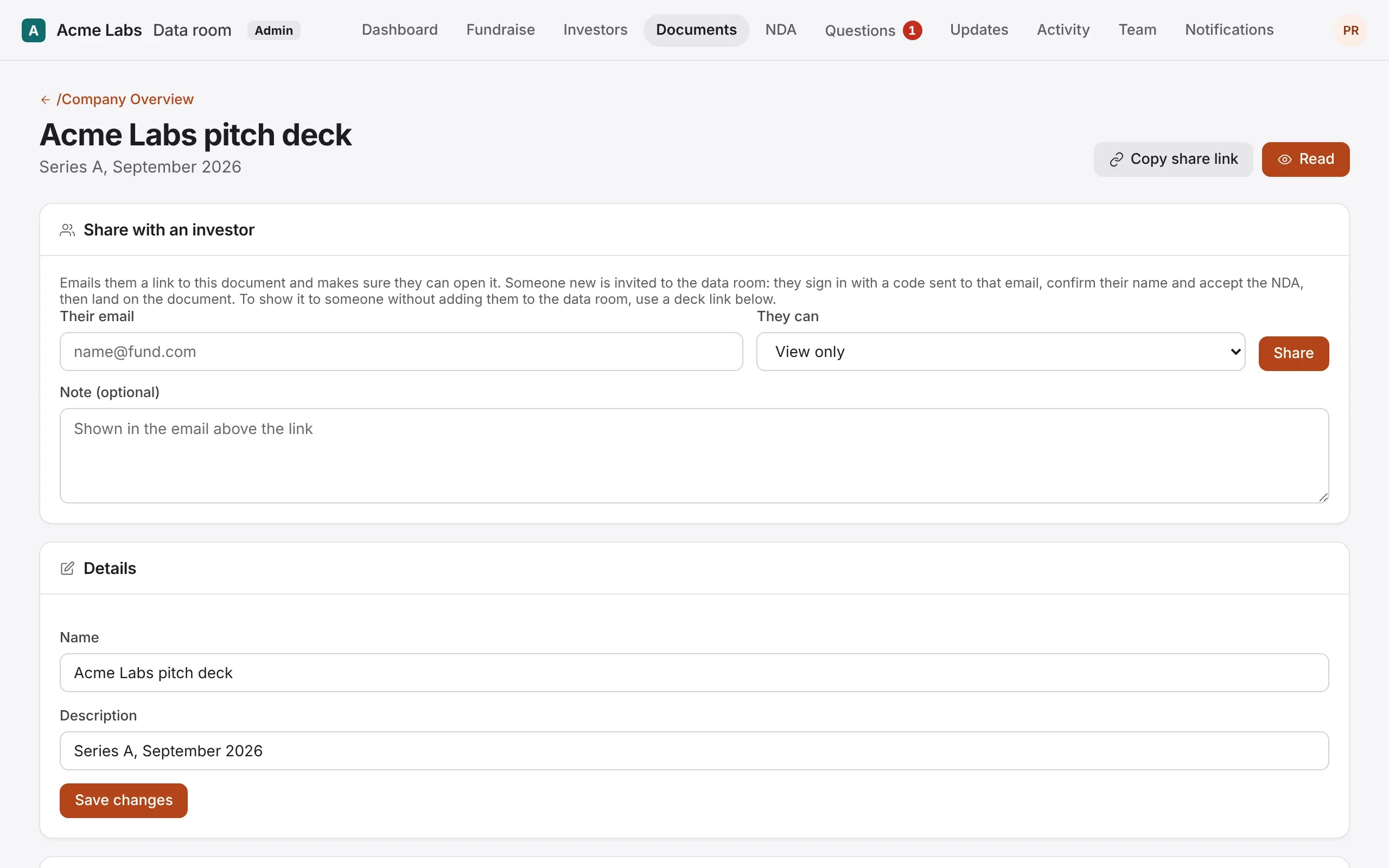 A document's page, with Share with an investor at the top