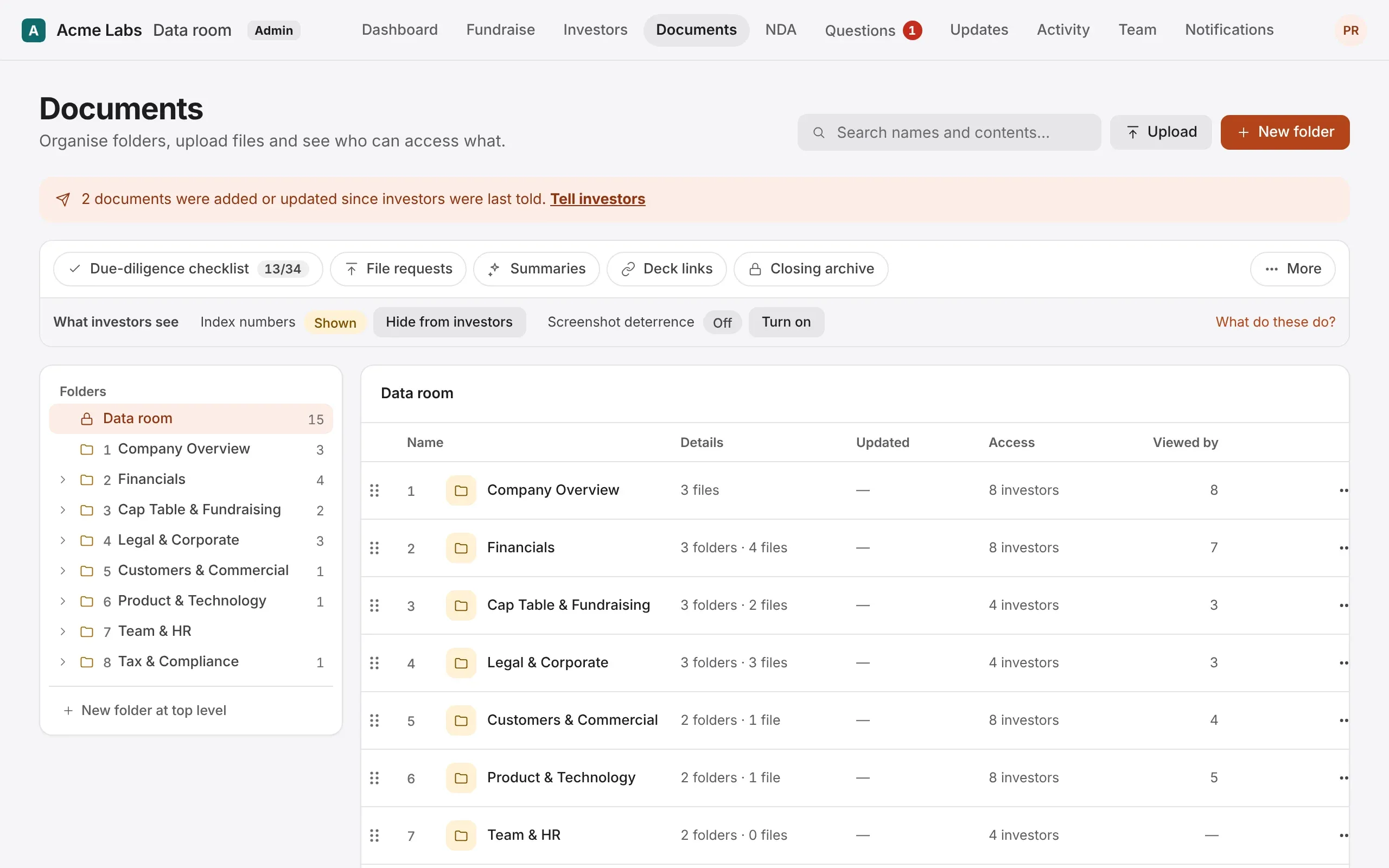 The Documents page: folders on the left, and buttons to upload, make a folder and reach the checklist, file requests, summaries and deck links