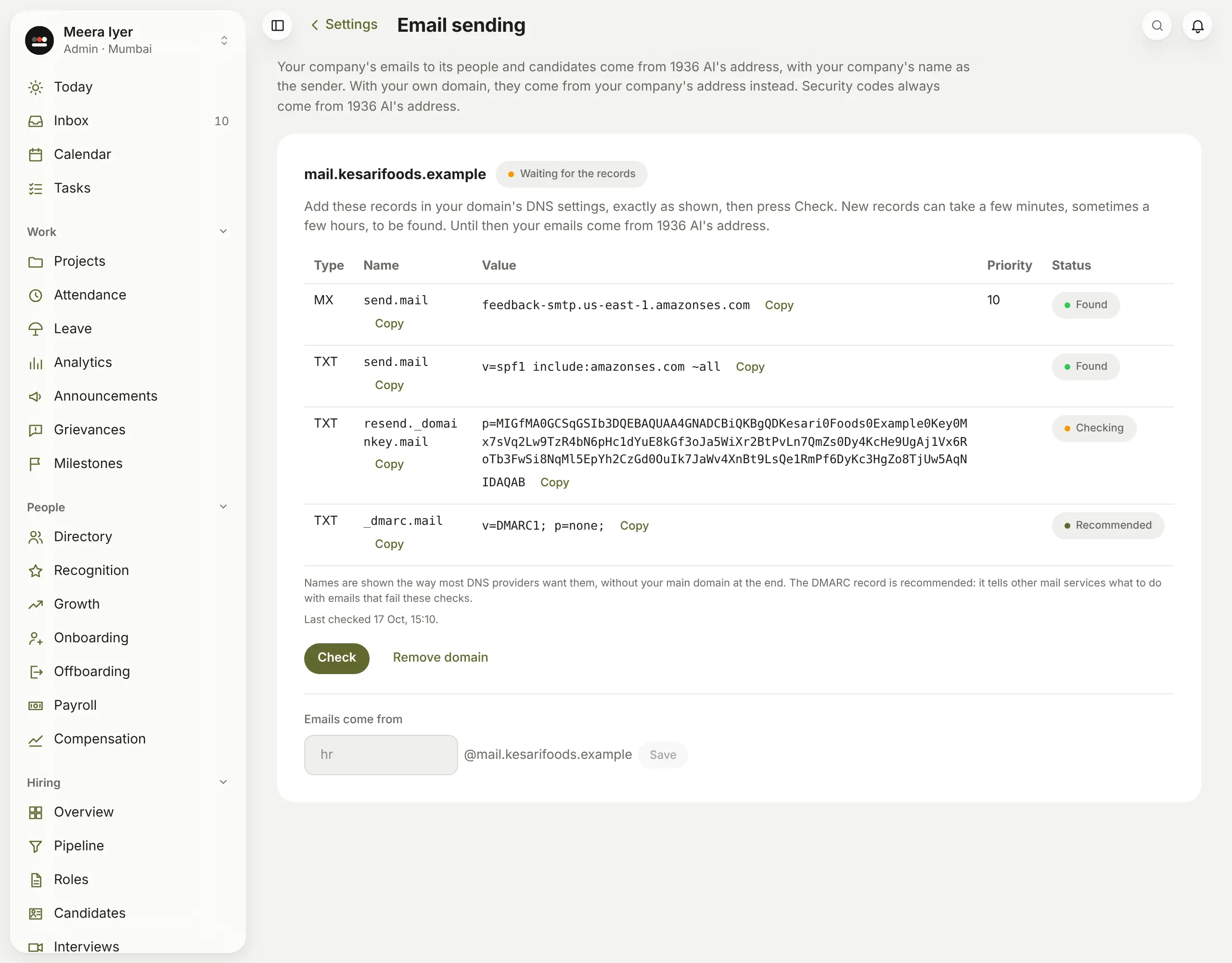 Email sending: mail.kesarifoods.example waiting for its records, each with Copy and its status, then Check and Remove domain