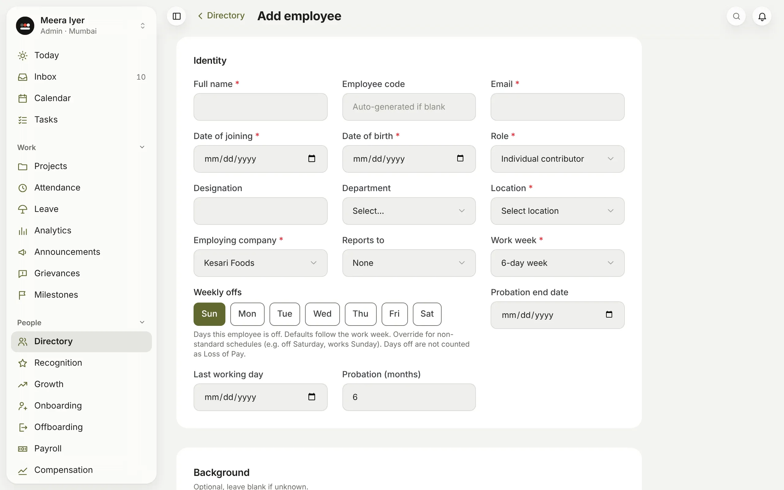 Adding an employee: name, email, date of joining, role, department, location and who they report to