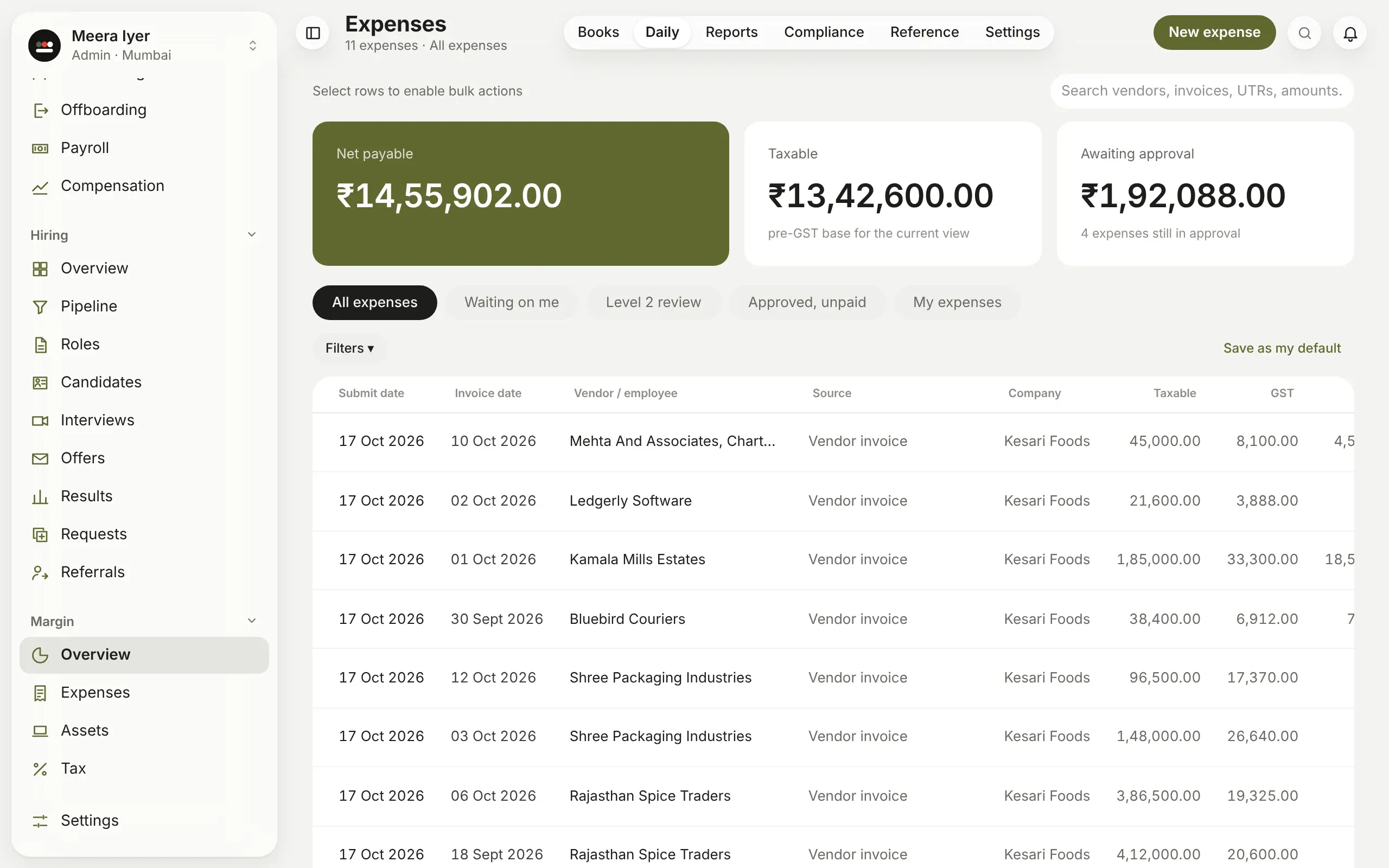 All expenses: each bill with its taxable amount, GST, TDS, what is payable and its status