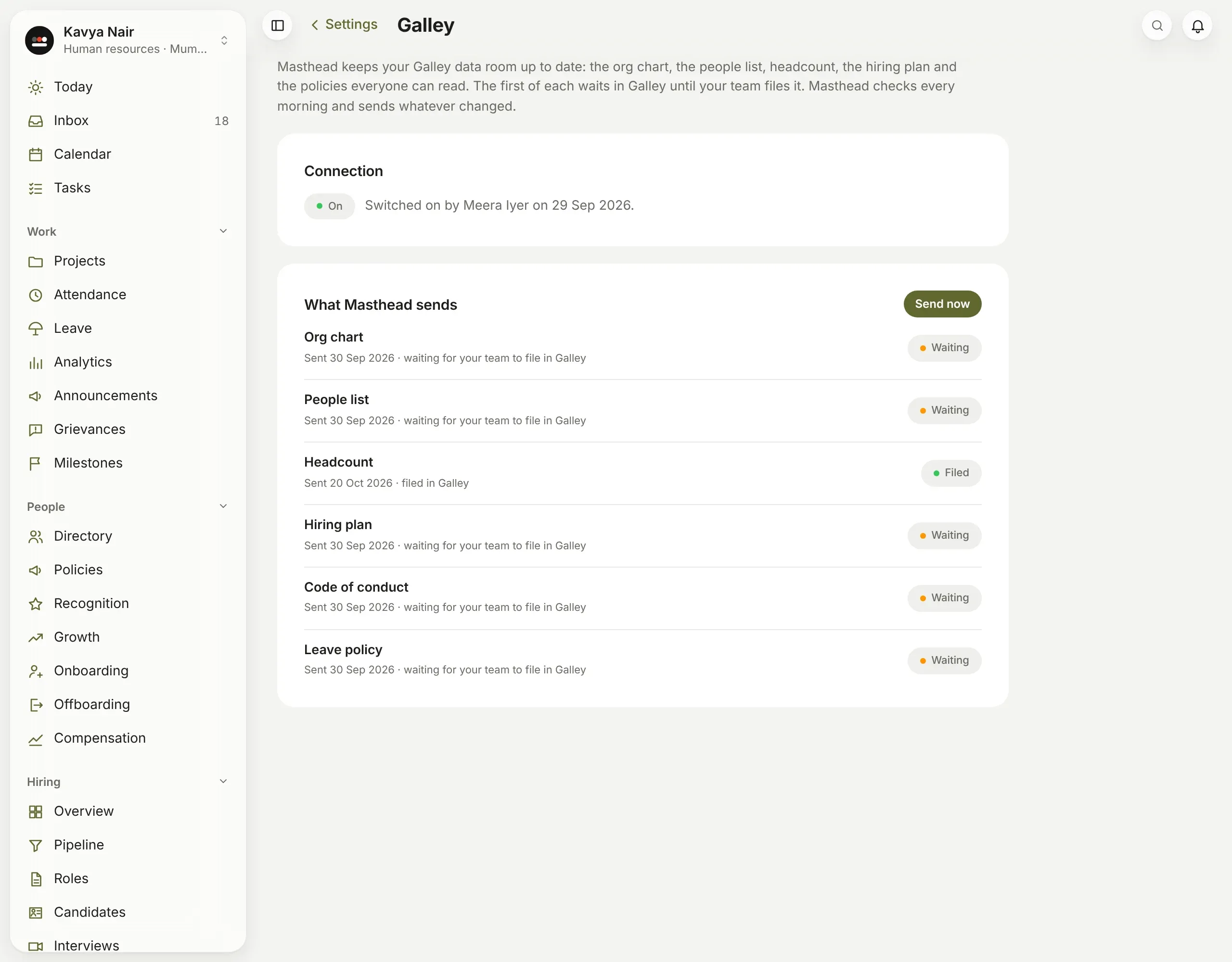 Settings → Galley: the connection, switched on by Meera Iyer, and each document Masthead sends with when it was sent and whether it is waiting or filed in Galley