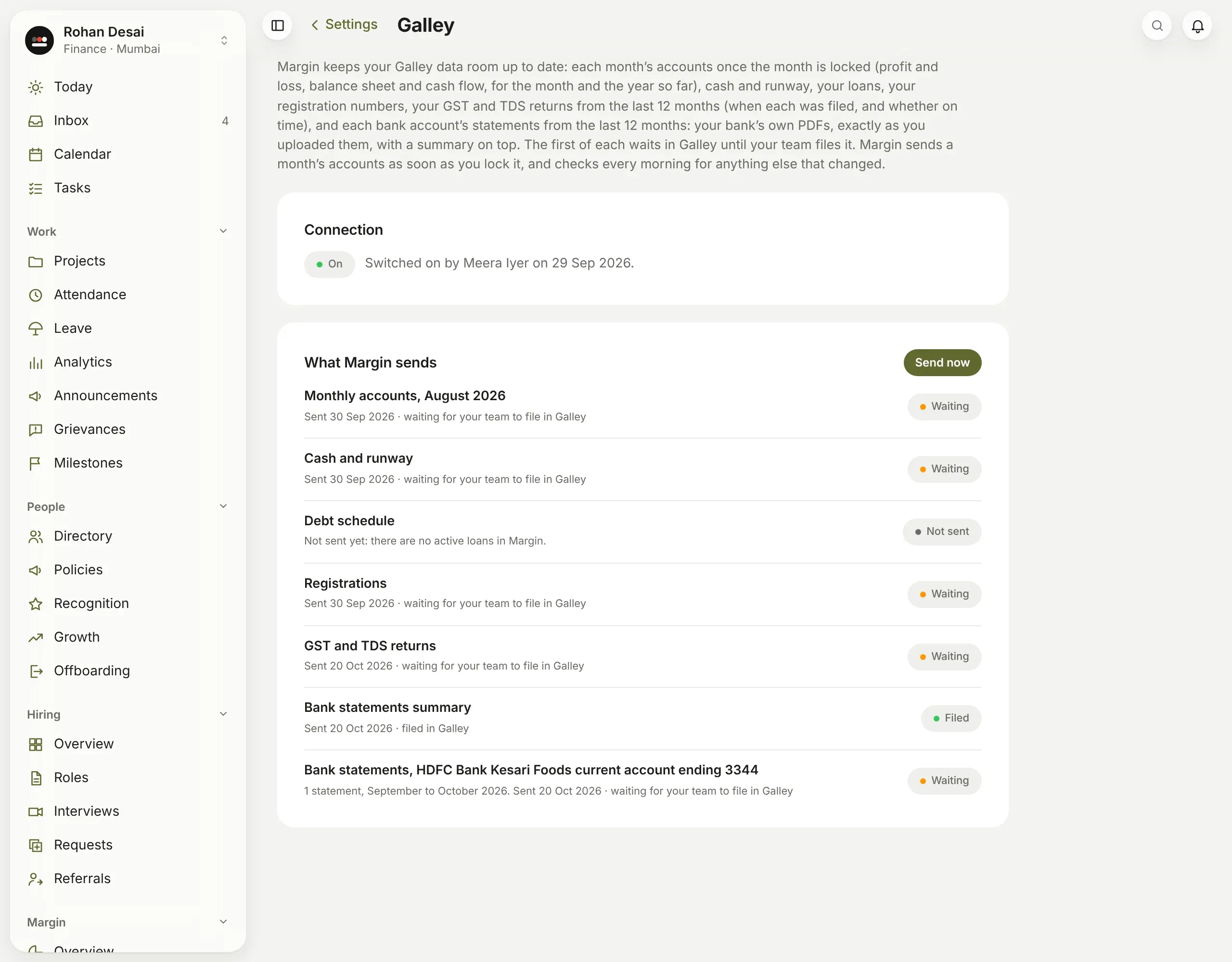 Settings → Galley: Margin's connection, switched on by Meera Iyer, and each document it sends, with the debt schedule not sent yet as there are no loans