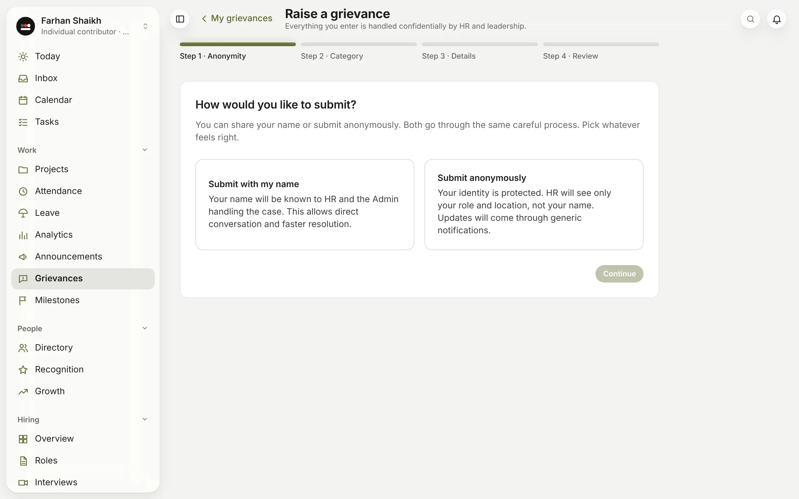 Raising a grievance: submit with your name or anonymously