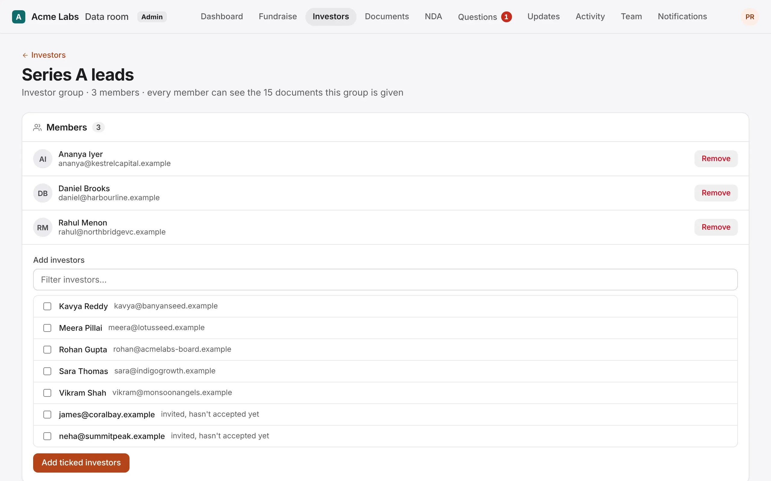 A group's page: its members, and investors who can be added to it