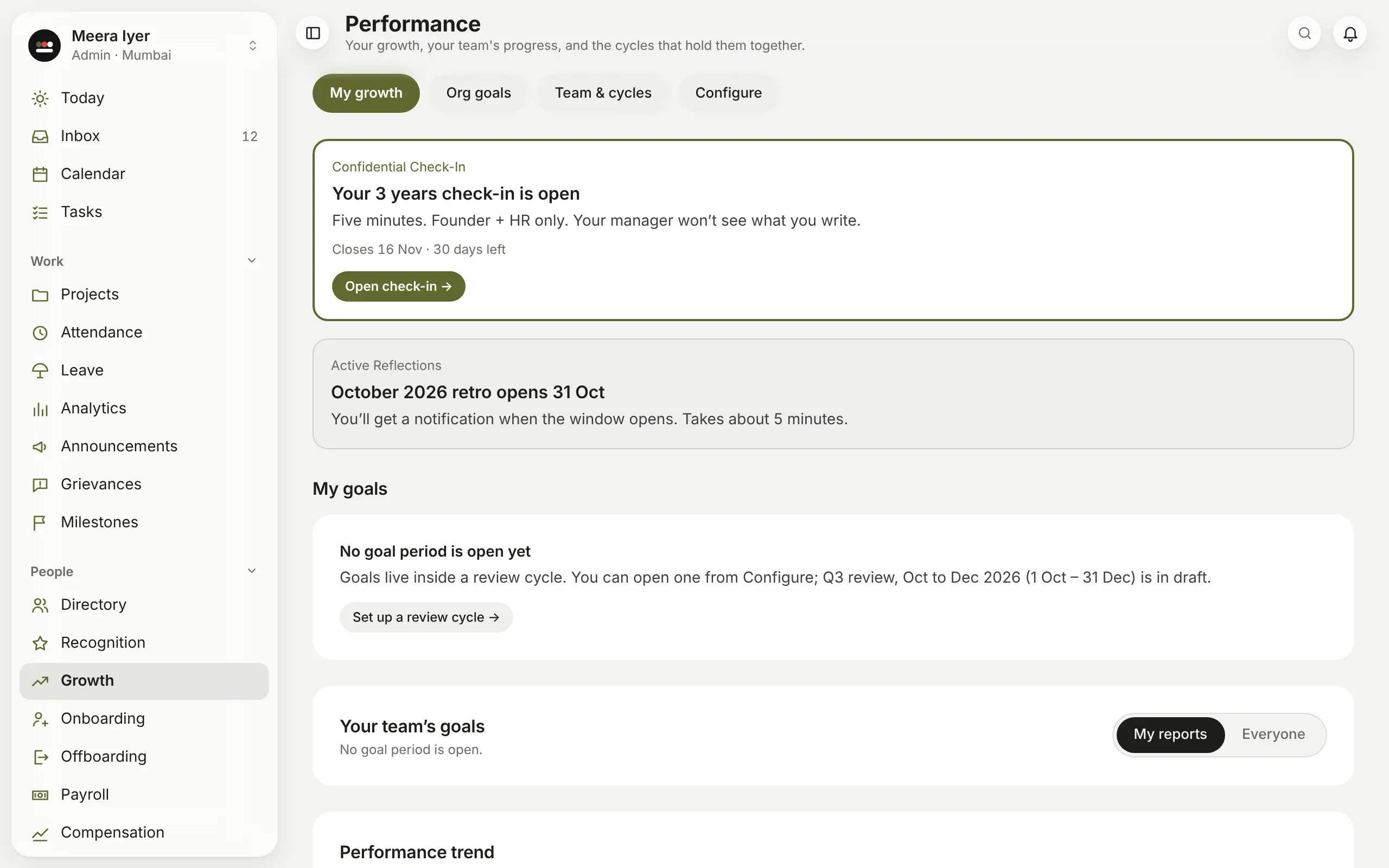 My growth: an open check-in, the monthly retro, your goals and your team's