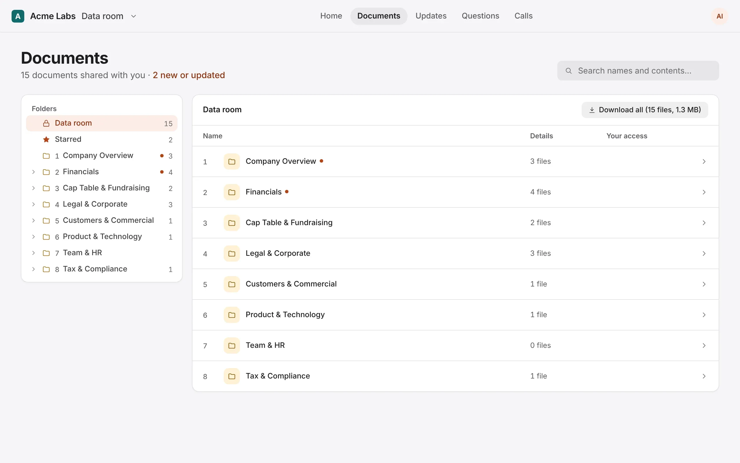 An investor's Documents page: folders and how many documents each holds