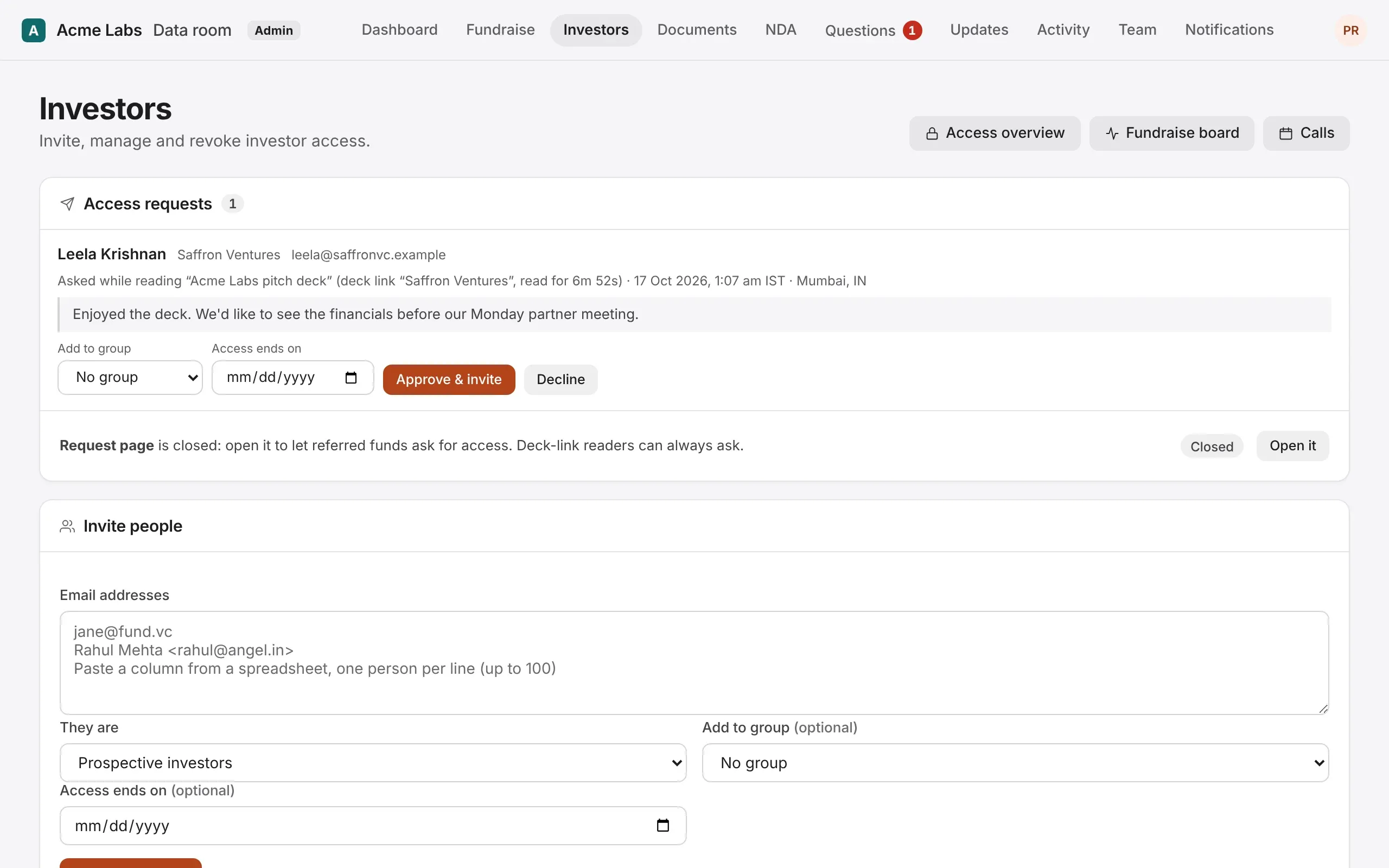 The Investors page: an access request from someone reading a deck link, with Approve & invite and Decline