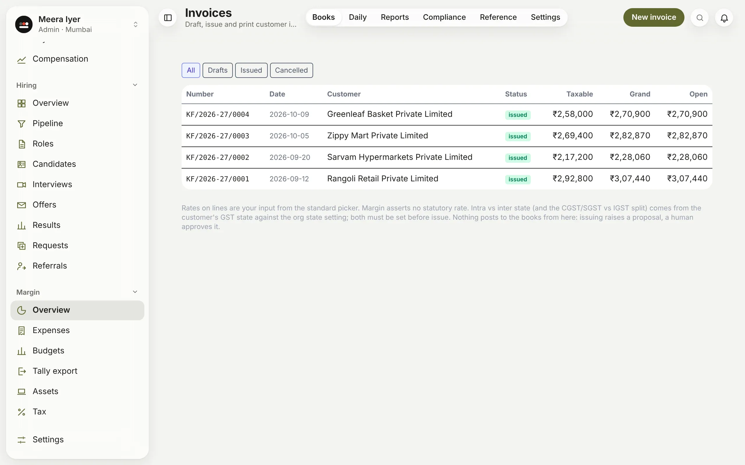 Invoices: each issued invoice with its number, customer, amount and what is still open