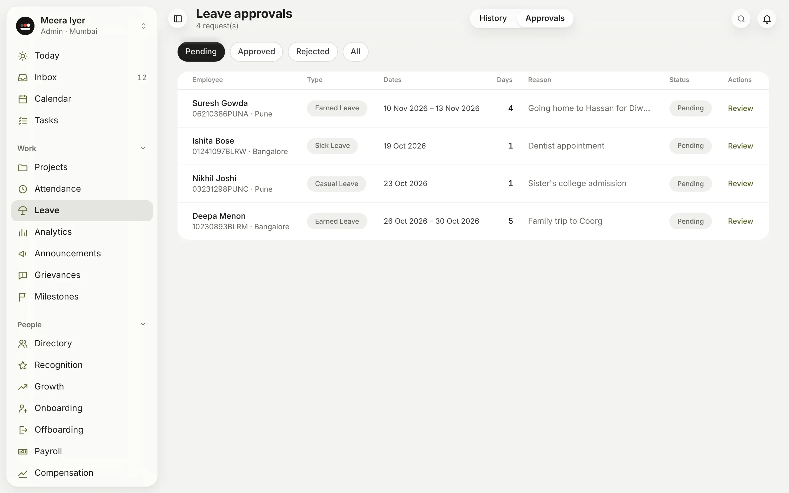 Leave approvals: requests waiting, each with Review