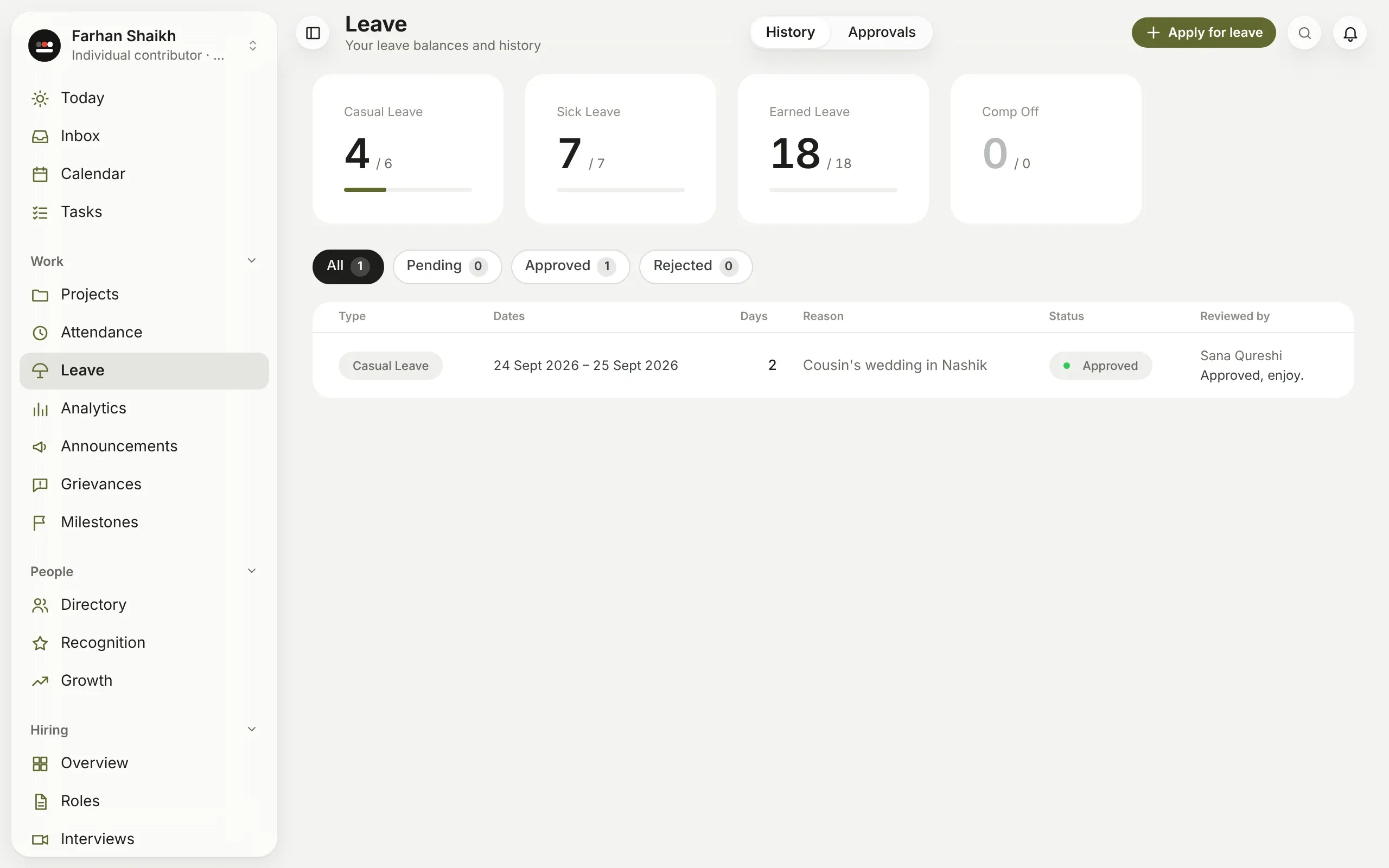 Leave: each balance left of the year's quota, and every request with its status