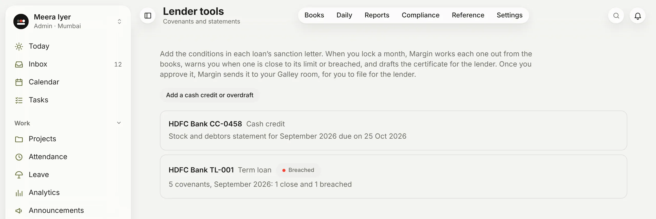Lender tools: a cash credit whose September 2026 statement is due on 25 Oct 2026, and a term loan marked Breached, with 5 covenants, 1 close and 1 breached