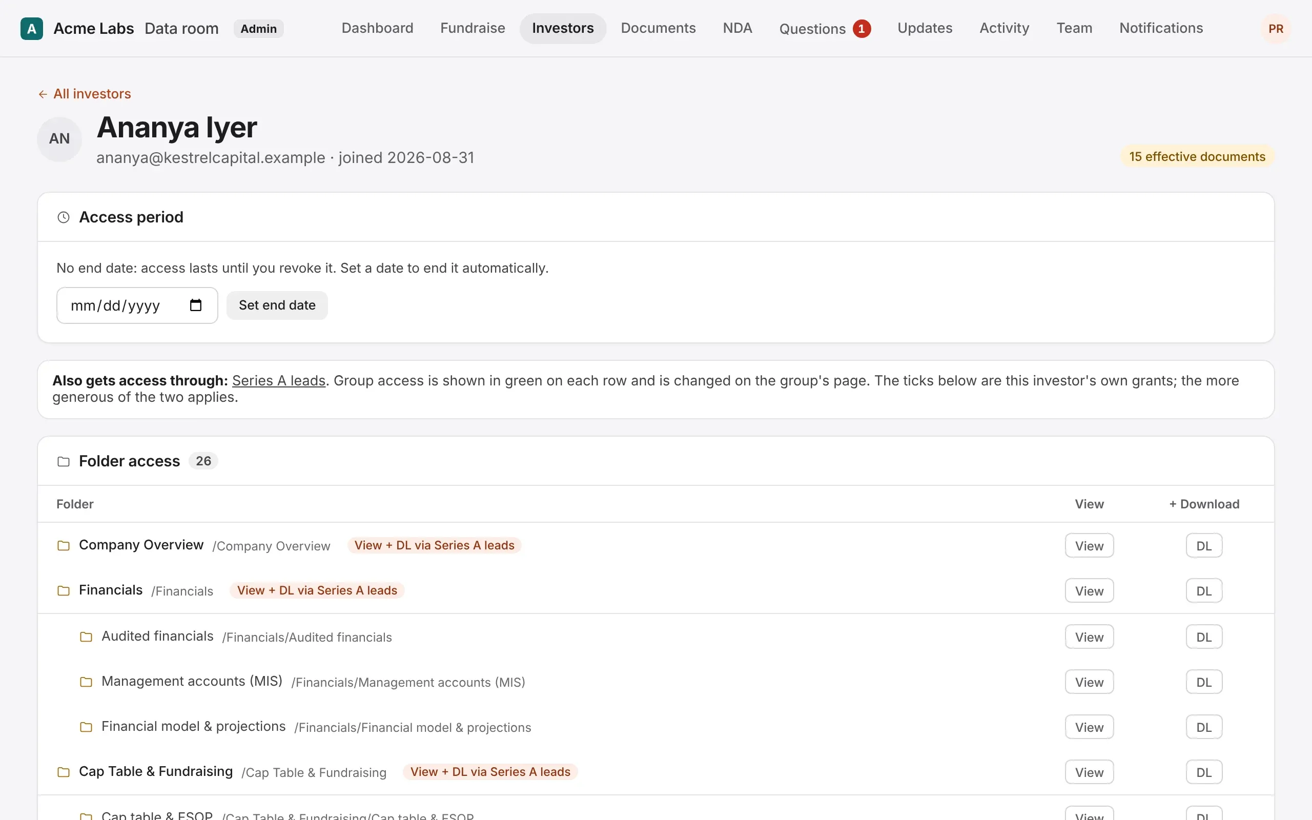 Manage access for one investor: the folders they can view or download, including access through a group
