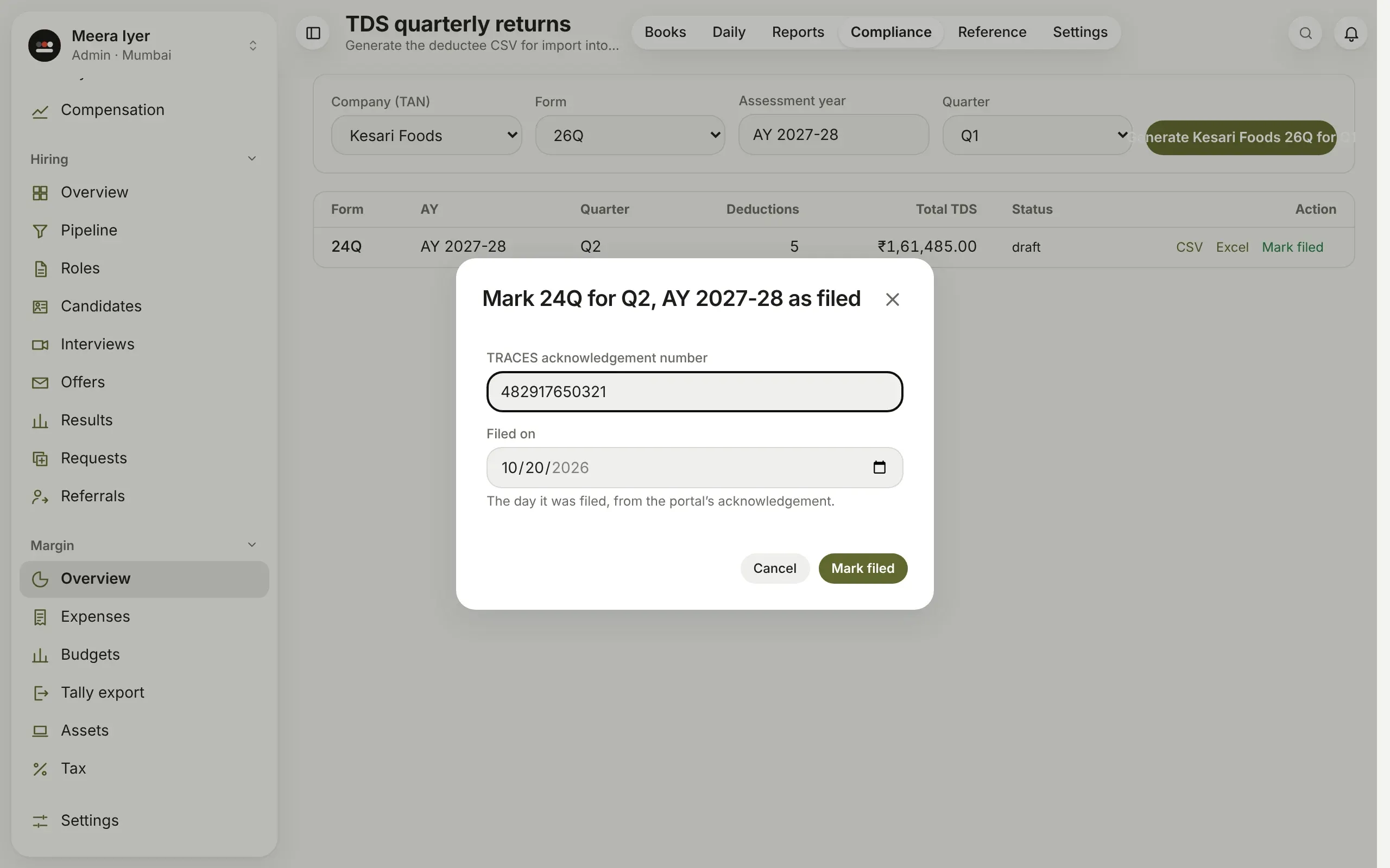 Mark 24Q for Q2, AY 2027-28 as filed: the TRACES acknowledgement number, and Filed on, with the day it was filed from the acknowledgement
