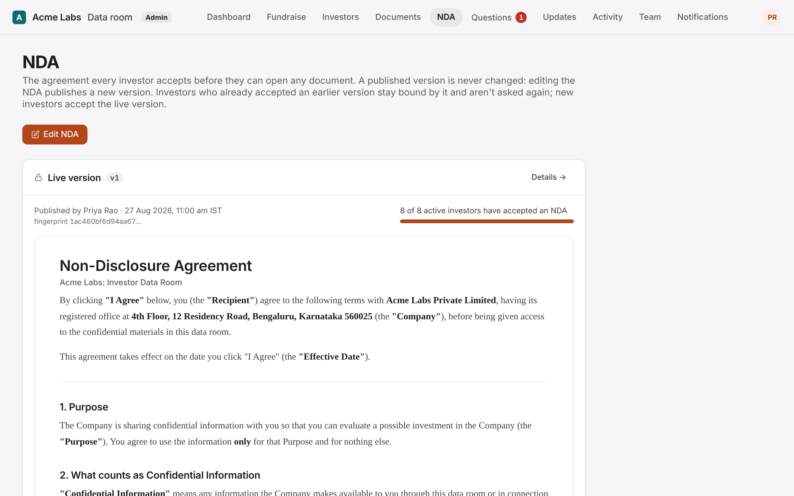 The NDA page: the live version and how many investors have accepted it