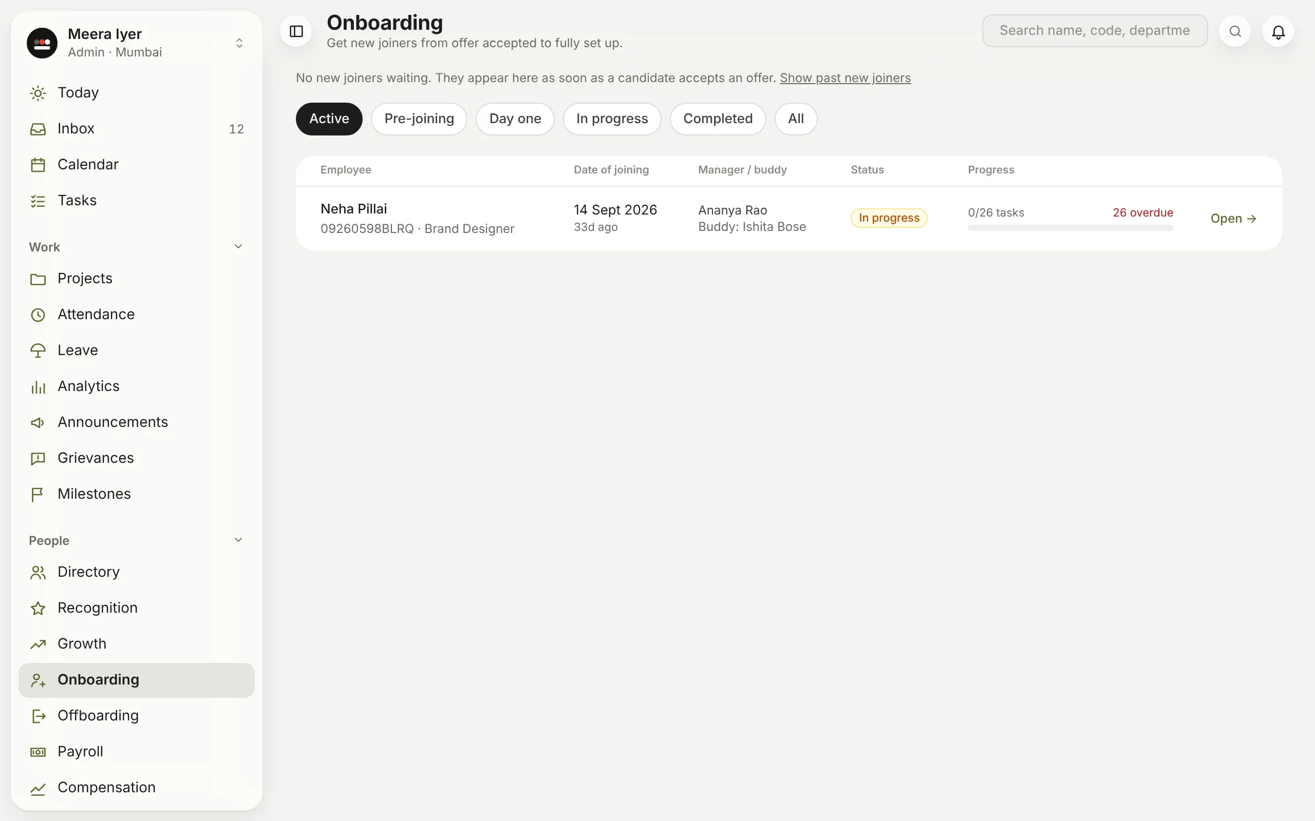 Onboarding: each new joiner with their joining date, manager and buddy, and how many of their tasks are done
