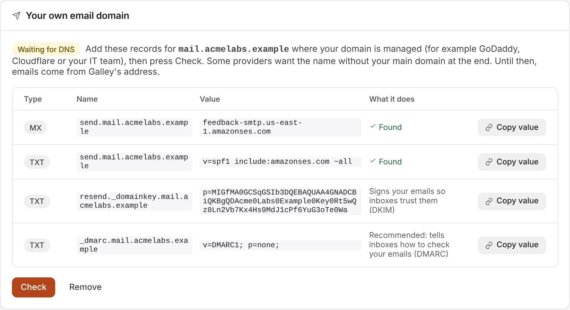Your own email domain, waiting for DNS: the MX and TXT records to add, what each does, and Copy value buttons