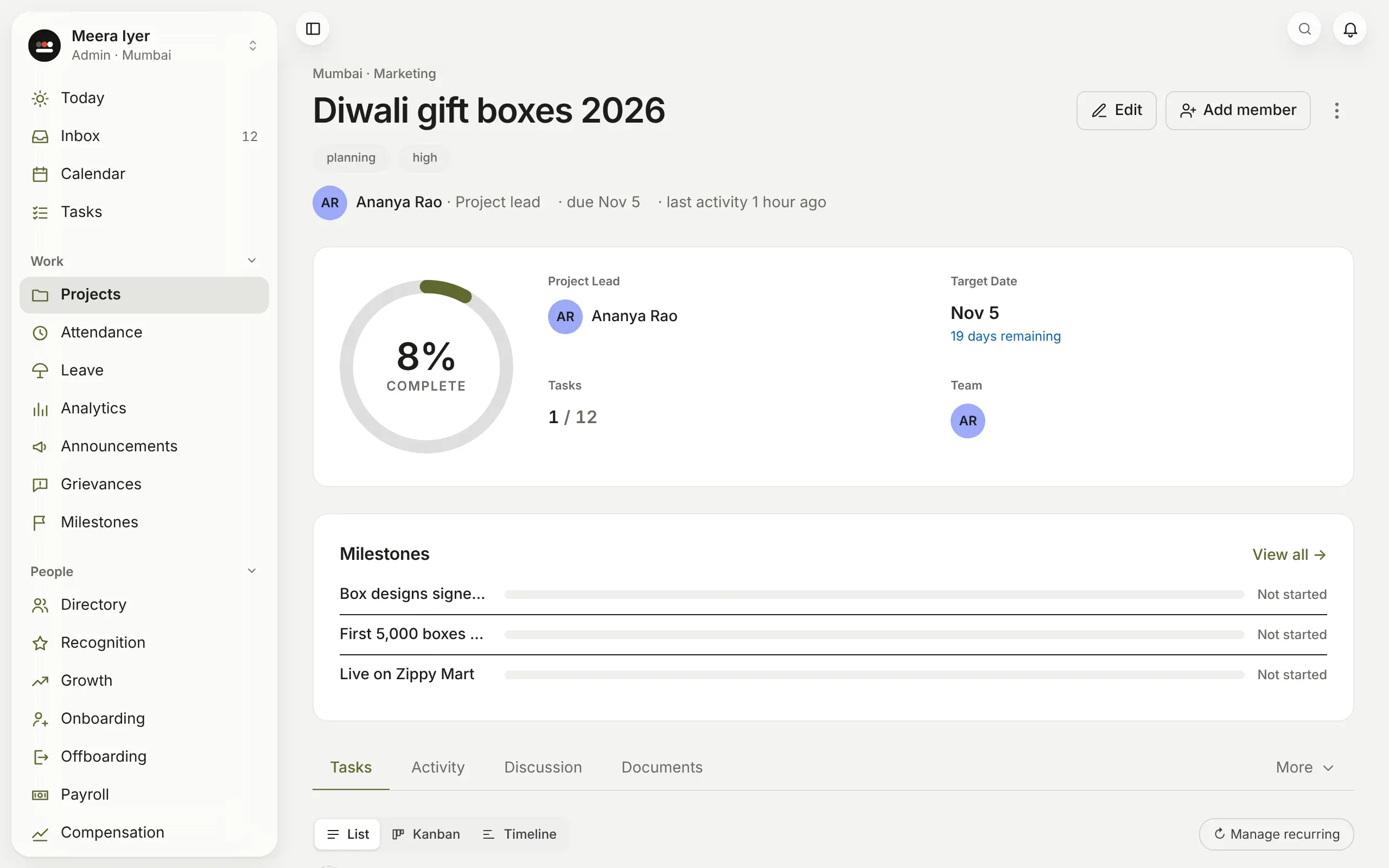 A project: how far along it is, its lead, target date and team, its milestones, and tabs for tasks, activity, discussion and documents
