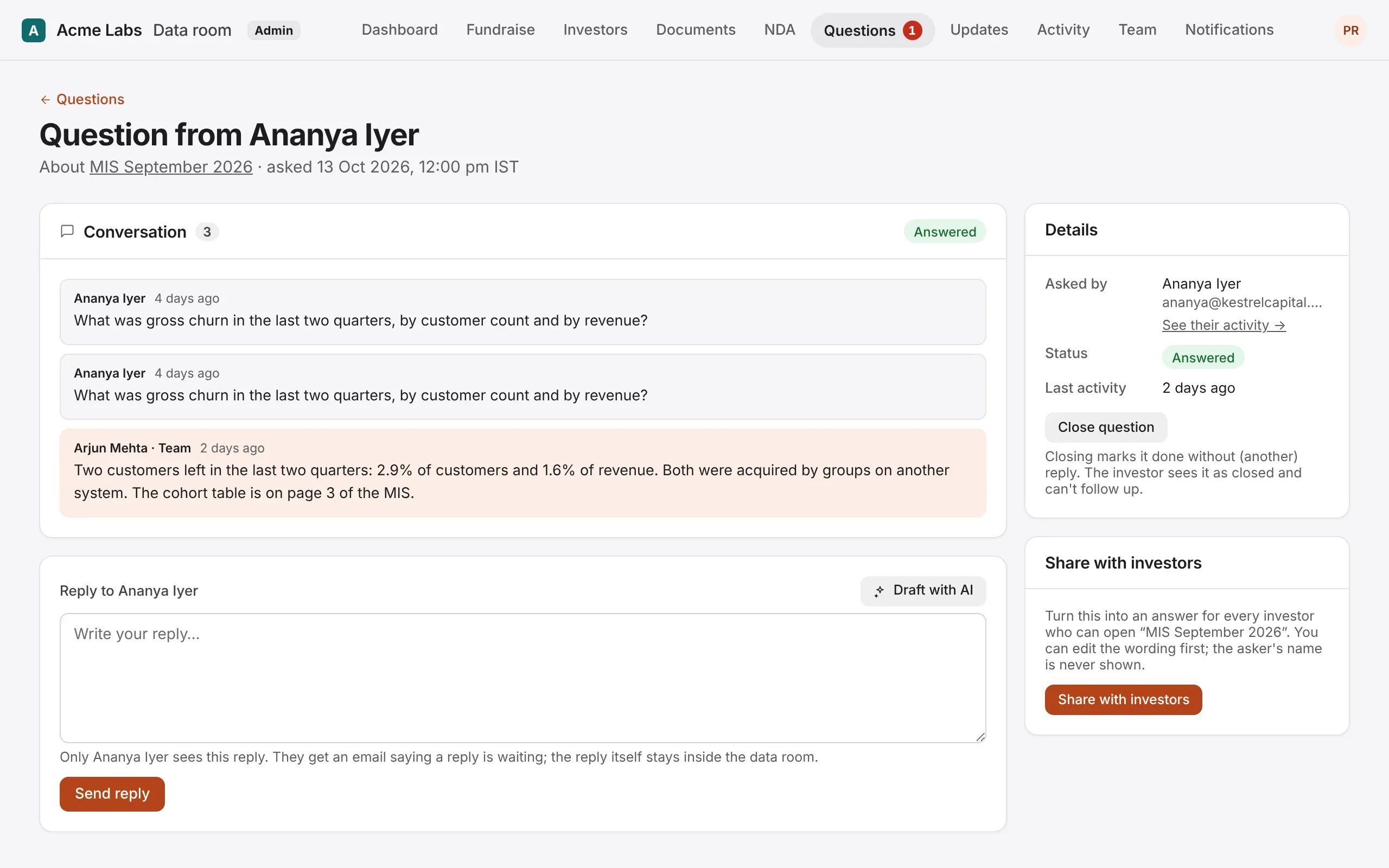 A question from an investor, the team's reply, and Share with investors
