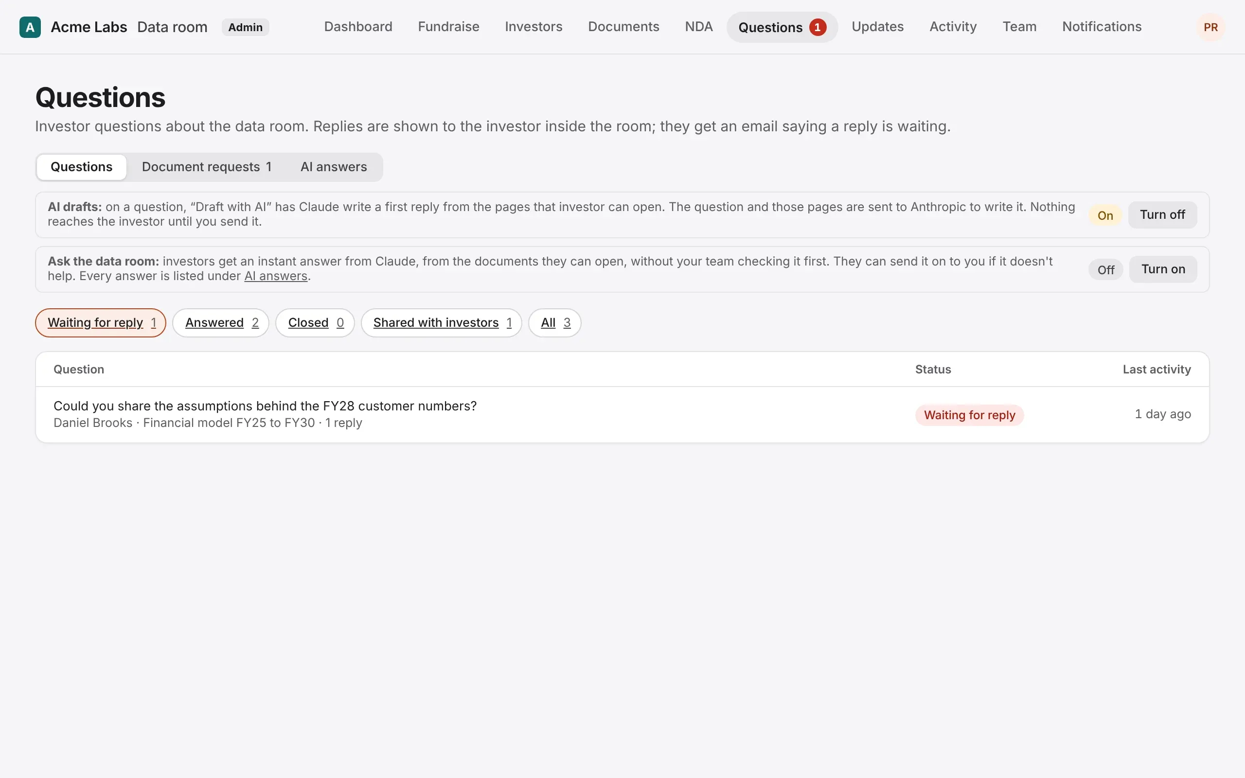 The Questions page: the AI drafts switch, Ask the data room, and questions waiting for a reply