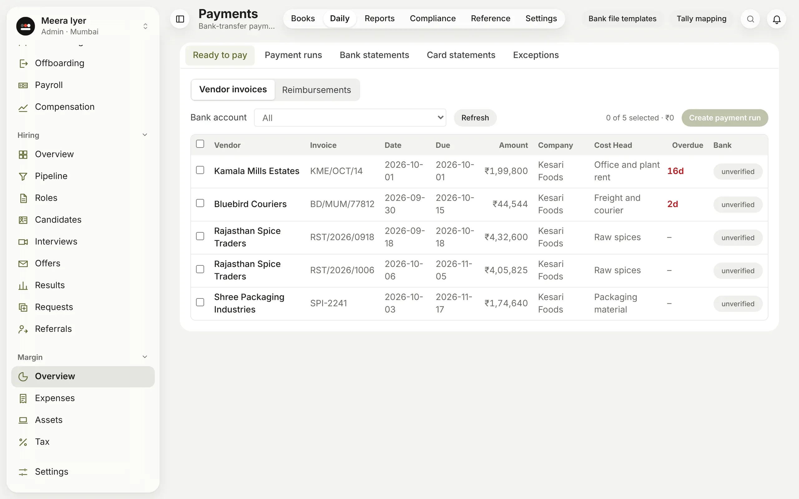 Ready to pay: approved bills waiting for payment, ready to put in a payment run