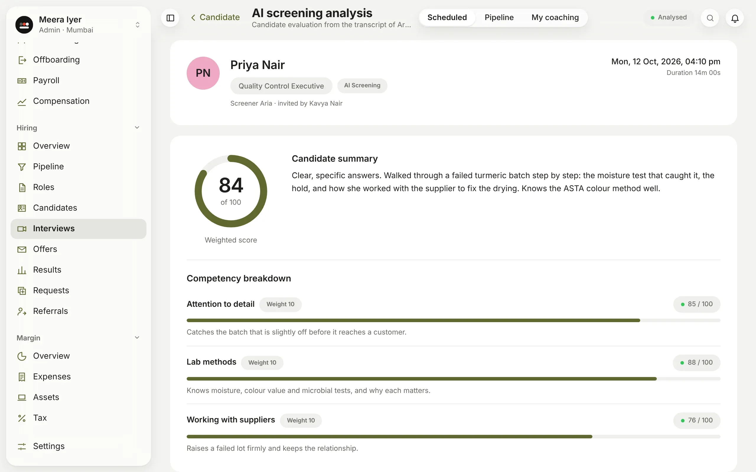 An AI screening analysis: a score out of 100, a summary, and a score for each competency