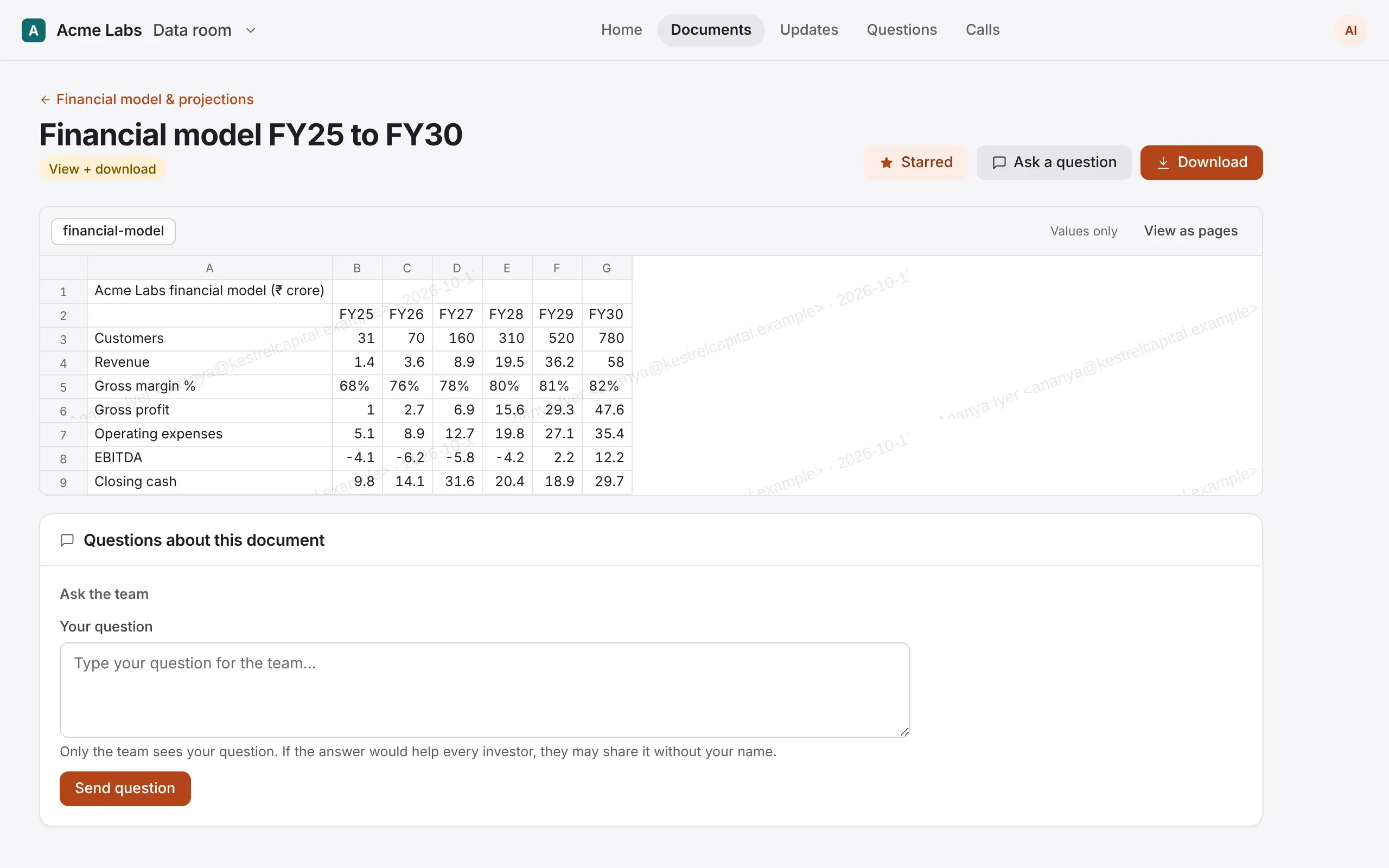 An Excel financial model open in Galley as a spreadsheet, values only