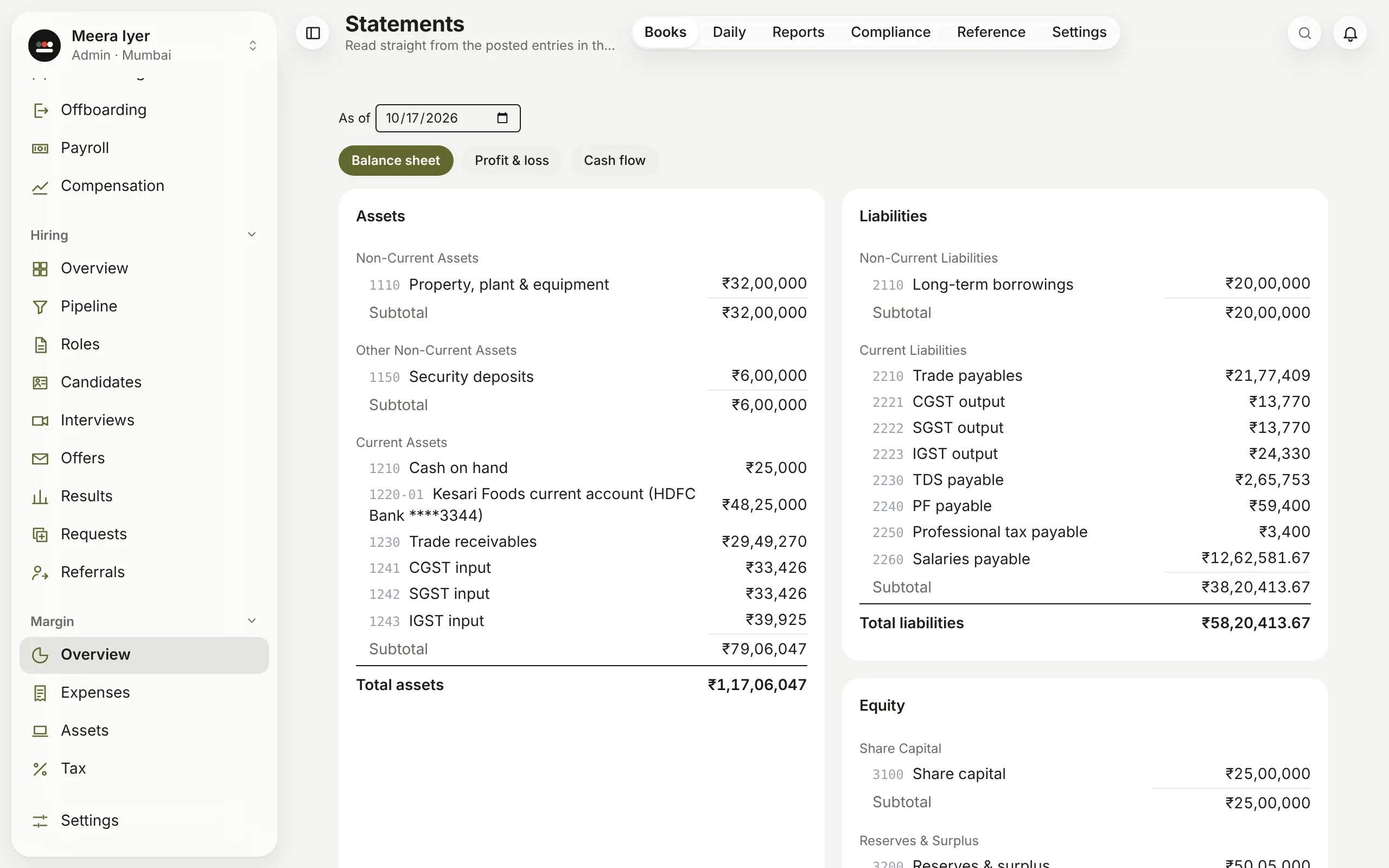 Statements: the balance sheet as of a date, with assets, liabilities and equity