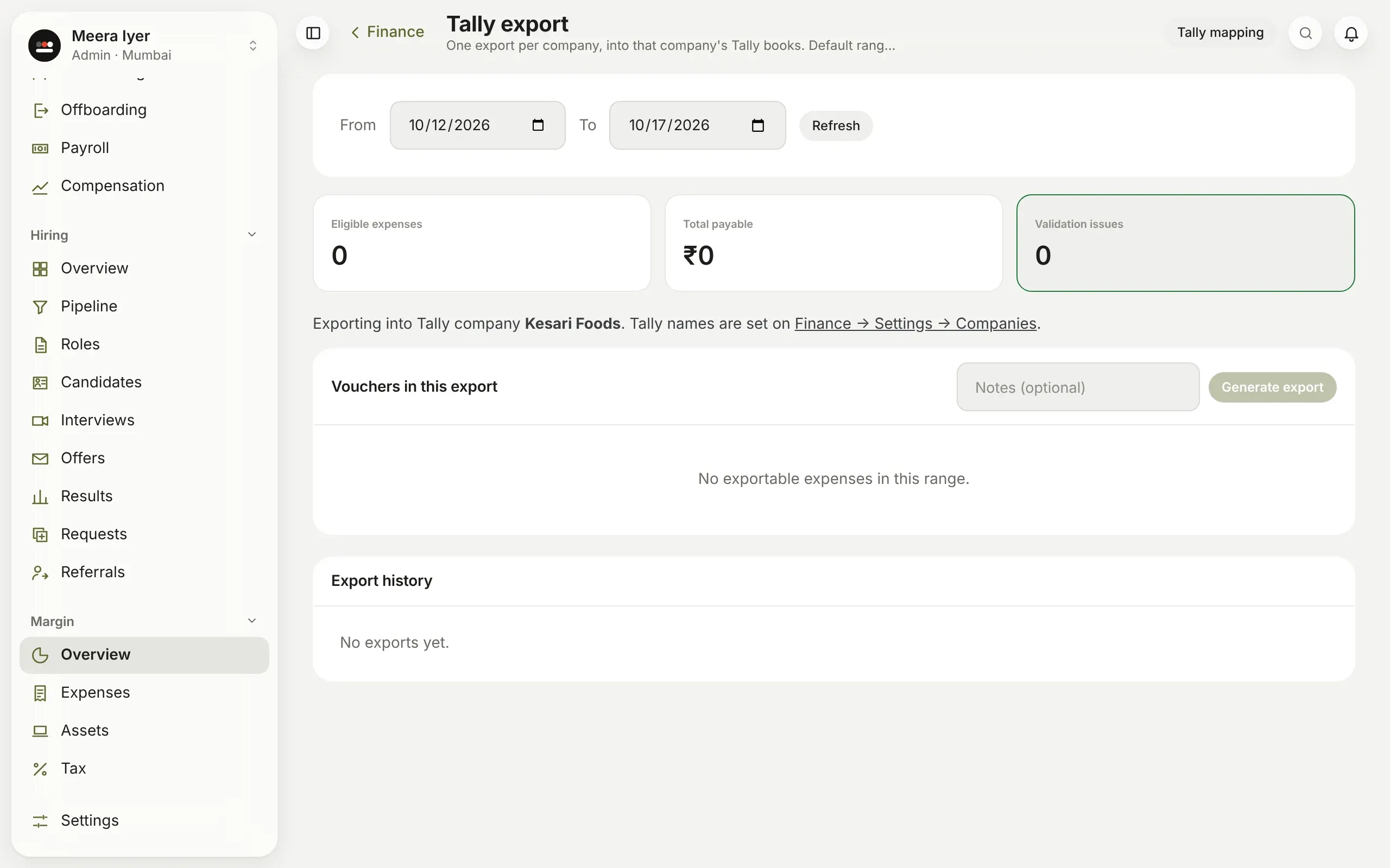 Tally export: the dates, eligible expenses and anything to fix, then Generate export