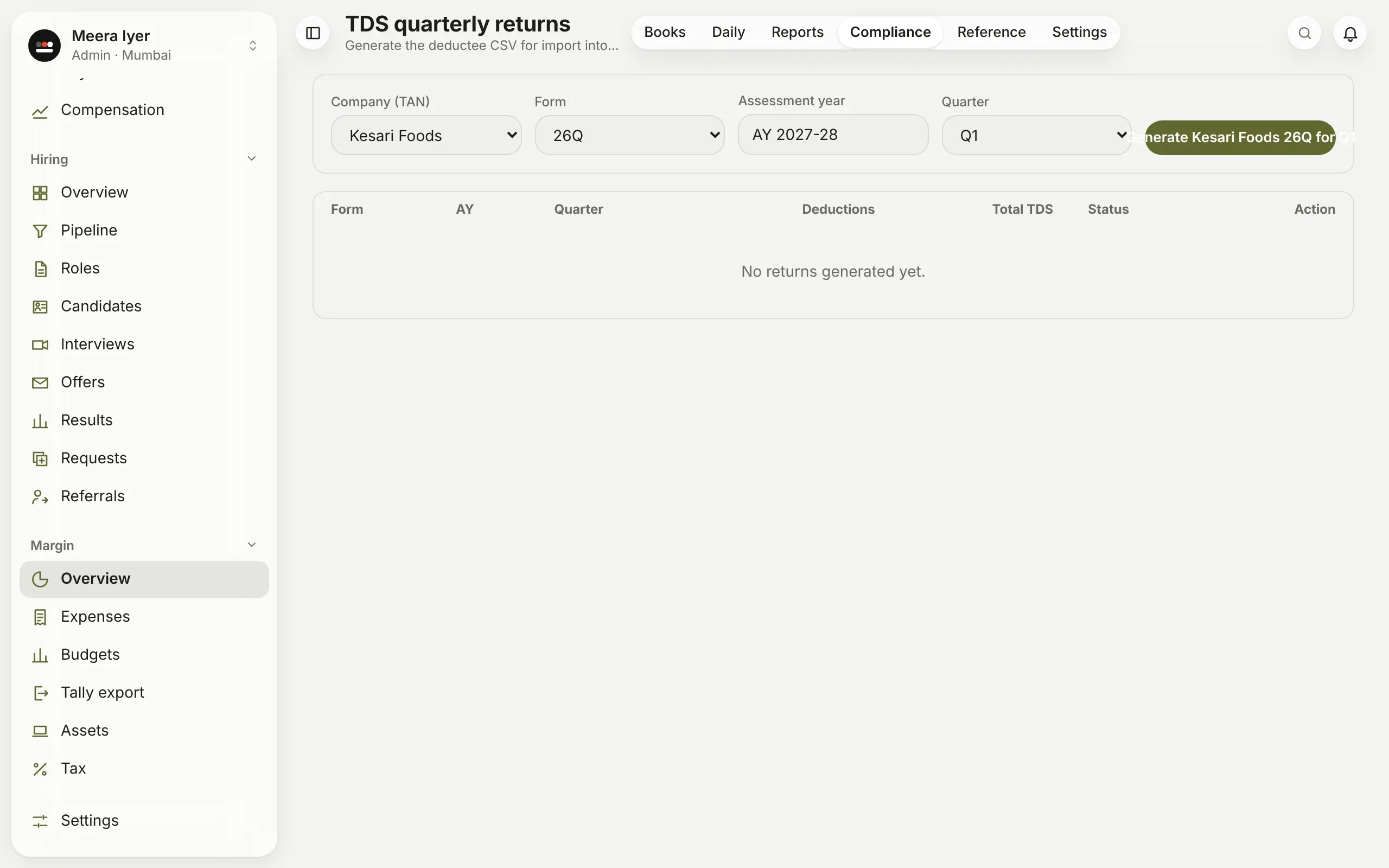 TDS returns: choose the company, form (26Q or 24Q), year and quarter, then generate