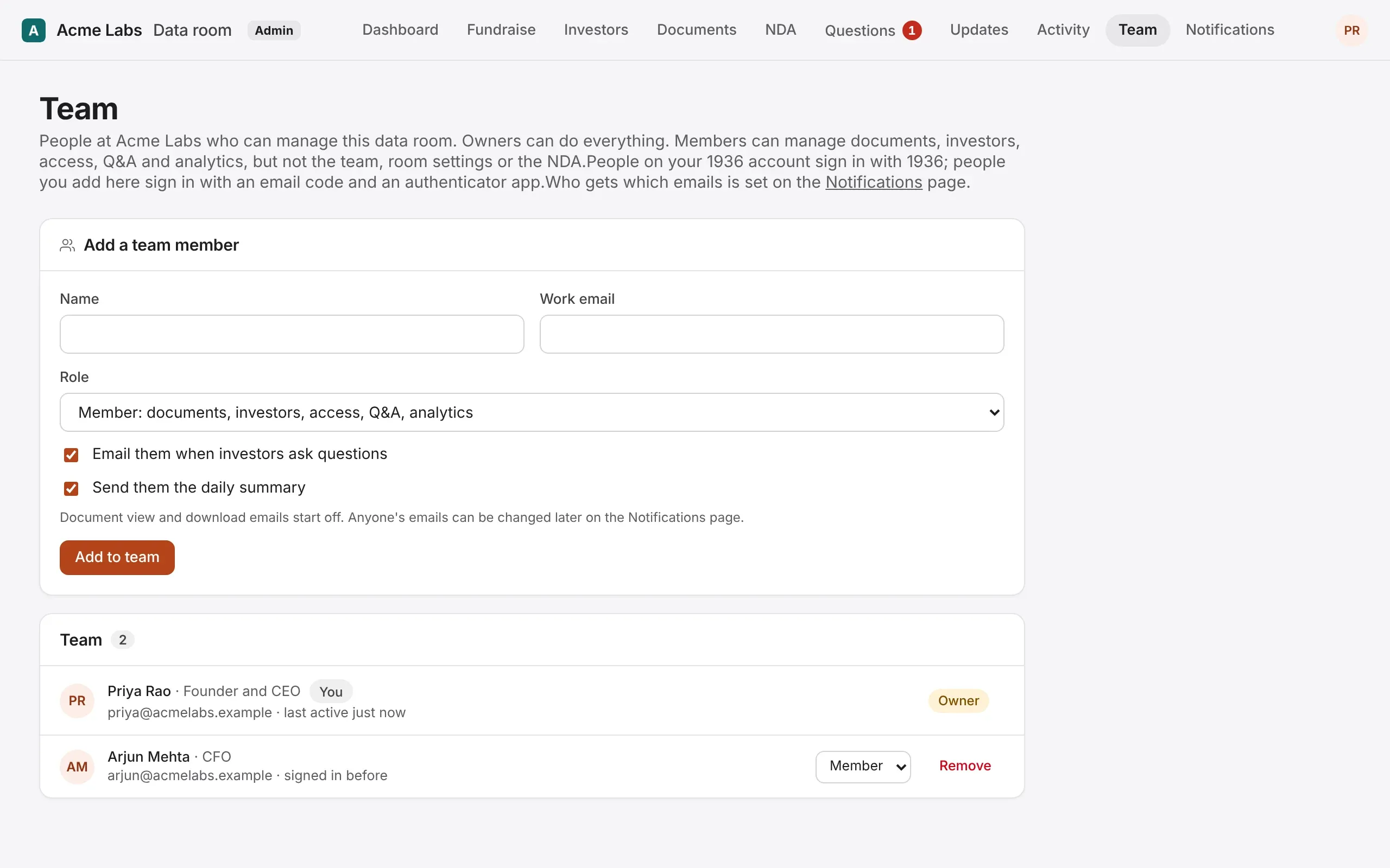 The Team page: the form to add a team member, and the team with each person's role