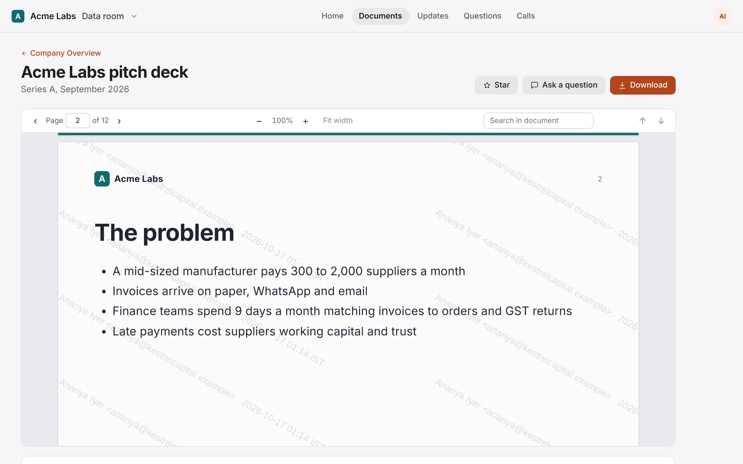 A pitch deck open in Galley, with the investor's name, email and the time across the page